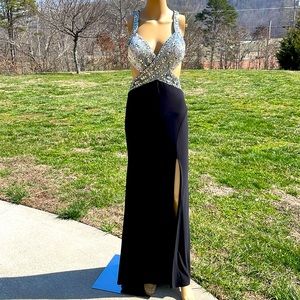 Jasz Couture Classic Black Silver Rhinestones Sequins Plunge Backless Prom Dress